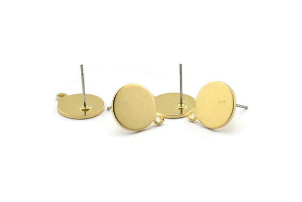 Brass Round Earring, 10 Raw Brass Round Stud Earrings With 1 Loop (14.5x12x1mm) BS 2062 A2062