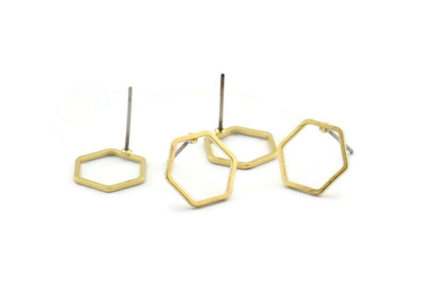 Brass Hexagon Earring, 12 Raw Brass Hexagon Stud Earrings (12x0.80mm) Bs 1171 A2055