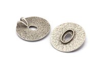Silver Round Pendant, Antique Silver Plated Brass Hammered Round Pendant With 13x8mm Stone Pad, Findings (30mm) E584