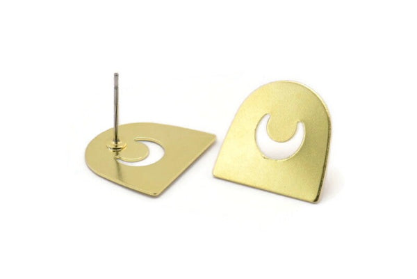 Stud Earring, 10 Raw Brass D Shaped Crescent Moon Stud Earrings (16x17x0.50mm) M1061 A2269
