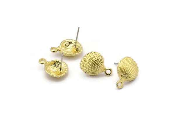 Brass Shell Earring, 4 Raw Brass Sea Shell Stud Earrings With 1 Loop (16x12mm) N0904 A2302