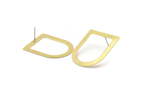 Stud Earring, 6 Textured Raw Brass D Shaped Stud Earrings (35x28x0.80mm) M379 A2281