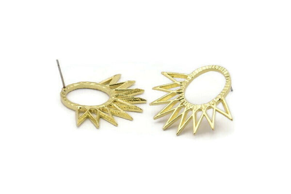 Brass Sun Earring, 2 Textured Raw Brass Sun Stud Earrings (30x33mm) BS 2435 A2304