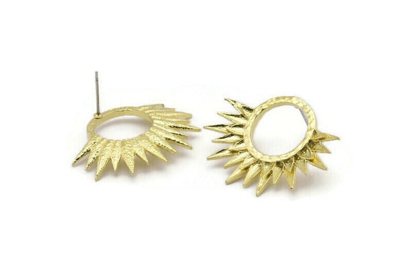 Brass Sun Earring, 2 Textured Raw Brass Sun Stud Earrings (26x33mm) BS 2432 A2303