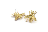 Brass Bug Earring, 2 Raw Brass Bug Fly Insect Stud Earrings (27x26x4mm) U134 A1797