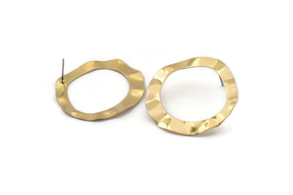 Brass Round Earring, 6 Raw Brass Wavy Round Stud Earrings (37mm) D0591 A2162
