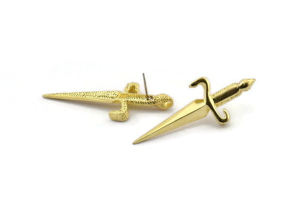 Brass Knight&#39;s Sword Earring, 2 Raw Brass Knight&#39;s Sword Stud Earrings 1 Hole (50x19mm) N0225 A2165