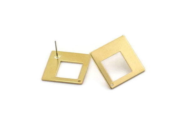 Brass Square Earring, 4 Raw Brass Square Stud Earrings With 1 Hole (23x1mm) D0756 A2216