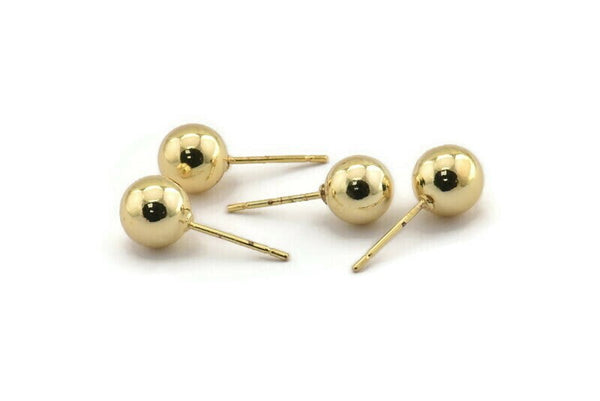 Gold Ball Earring, 6 Gold Plated Brass Ball Stud Earrings, Stainless Steel Earring Posts 8mm Ear Studs BS 1072 N0558
