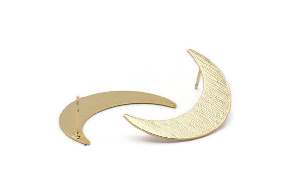 Gold Moon Earring, 2 Textured Gold Plated Brass Crescent Moon Stud Earrings (35x9x0.80mm) M172 A1582 H0299
