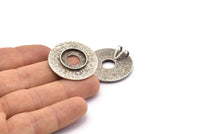 Silver Round Pendant, 2 Antique Silver Plated Brass Hammered Round Pendant With 15mm Stone Pad, Findings (30mm) E568