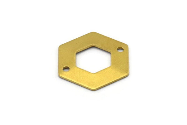 Brass Hexagon Tag, 12 Raw Brass Hexagon Stamping Blank Tag Charms With 2 Holes, Connectors, Findings (20x0.80mm) D0121