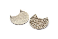 Silver Moon Charm, 2 Textured Antique Silver Plated Brass Fish Scale Moon Pendants With 2 Loops (28x18mm) BS 2448