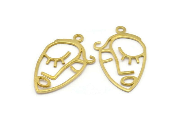 Brass Face Charm, 4 Raw Brass Face Shape Charms With 1 Loop, Pendants, Earrings, Findings (43x25x1mm) E650