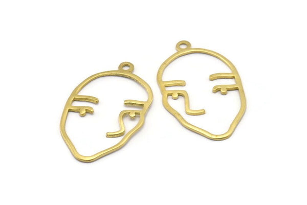 Brass Face Charm, 6 Raw Brass Face Shape Charms With 1 Loop, Pendants, Earrings, Findings (43x27x1mm) E651