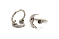 Silver Ring Settings, 2 Antique Silver Plated Brass Moon And Planet Ring With 1 Stone Setting - Pad Size 4mm N1496 H1379