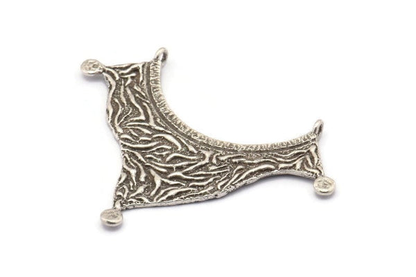 Silver Ethnic Pendant, 2 Antique Silver Plated Brass Ethnic Pendants With 2 Loops (40x55x1mm) E201