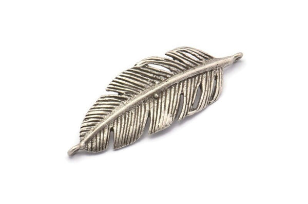 Silver Amazon Leafs, 2 Antique Silver Plated Brass Leaf Connector Charms With 2 Loops, Tribal Pendants (44x14mm) N0183