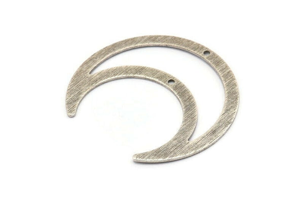 Silver Moon Charm, 4 Textured Antique Silver Plated Brass Crescent Moon Charms With 2 Holes, Pendants (42x16x0.80mm) M178