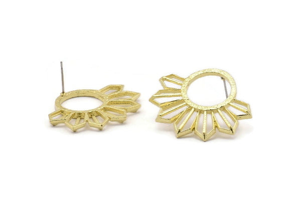 Brass Sun Earring, 2 Raw Brass Sun Stud Earrings (29x35mm) BS 2434 A2265