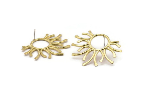 Brass Sun Earring, 2 Raw Brass Sun Stud Earrings (45x37x1.5mm) BS 1943 A2263