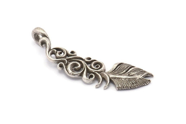 Silver Feather Pendant, Antique Silver Plated Brass Leaf Charms With 1 Loop (55x14mm) N0186