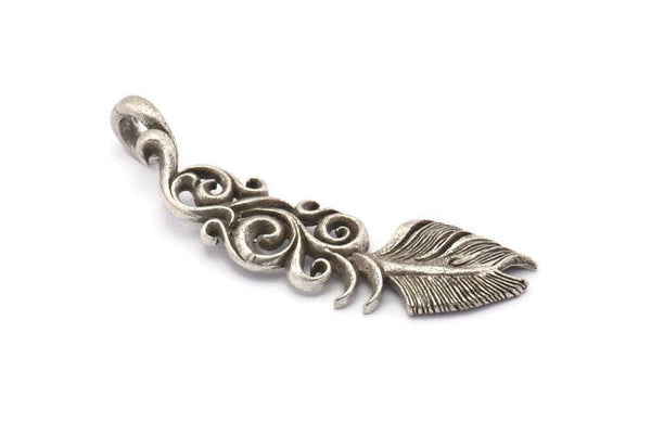 Gümüş Tüy Kolye, Antik Gümüş Kaplama Pirinç Yaprak Takılar, 1 Döngülü (55x14mm) N0186