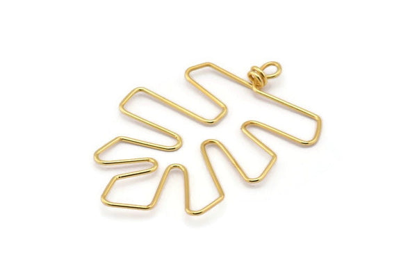 Gold Monstera Earring Findings, 2 Gold Lacquer Plated Brass Wire Monstera Earring Findings, Charms (52x40x1mm) Bs 1702 Q0129