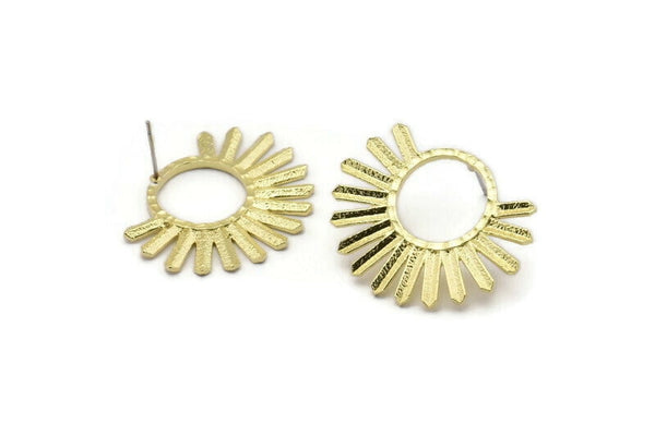 Brass Sun Earring, 2 Textured Raw Brass Sun Stud Earrings (26x34x1.5mm) BS 2433 A2295