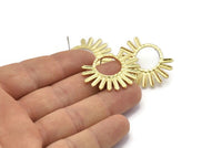 Brass Sun Earring, 2 Textured Raw Brass Sun Stud Earrings (26x34x1.5mm) BS 2433 A2295