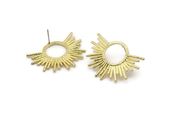 Brass Sun Earring, 2 Textured Raw Brass Sun Stud Earrings (28x37mm) BS 2429 A2293