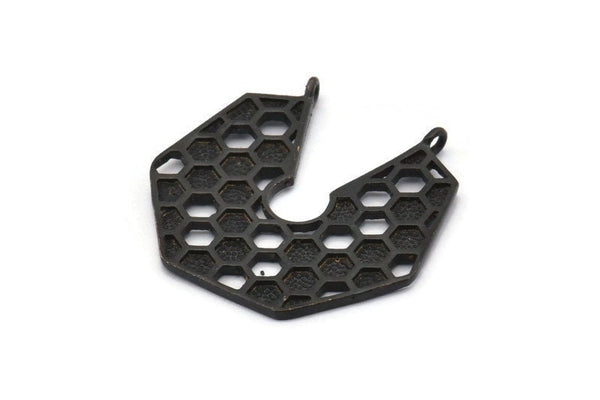 Black Honeycomb Charm, 2 Oxidized Black Brass Honeycomb Pendants With 2 Loops (31.5x32.5x1.3mm) BS 2052