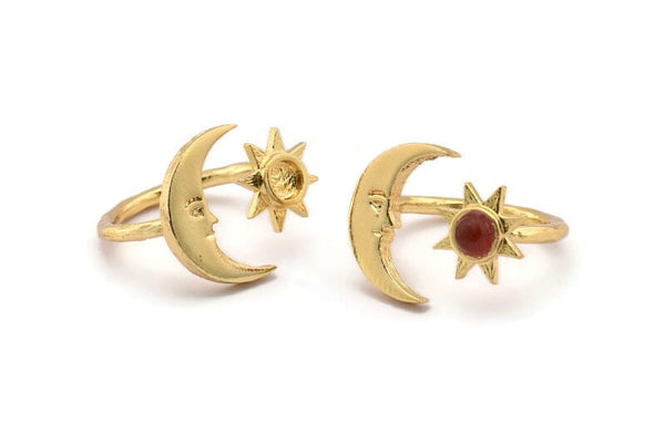 Gold Ring Settings, Gold Plated Brass Moon And Sun Ring With 1 Stone Setting - Pad Size 4mm N1497