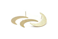 Gold Moon Earring, 2 Textured Gold Plated Brass Crescent Moon Stud Earrings (35x9x0.80mm) M172 A1582 H0299