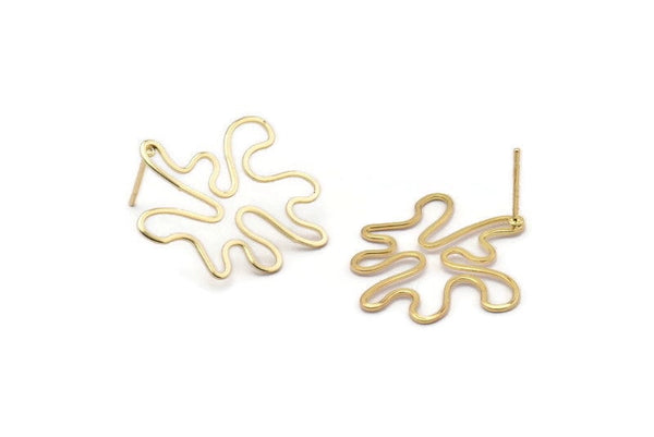 Gold Leaf Earring, 4 Gold Plated Brass Leaf Stud Earrings (26x21x0.60mm) D0776 A1215 Q1019