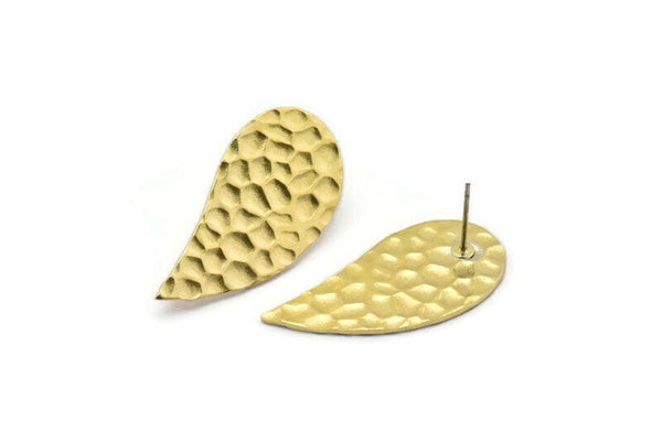 Brass Drop Earring, 4 Hammered Raw Brass Drop Stud Earrings (34x17x1.2mm) M491 A2360