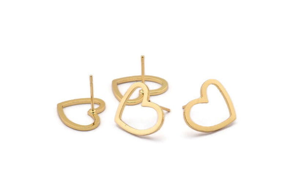 Gold Heart Earring, 4 Gold Plated Brass Heart Stud Earrings (16x14x1mm) M686 A2314 Q0666