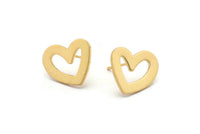 Gold Heart Earring, 4 Gold Plated Brass Heart Stud Earrings (16x14x1mm) M863 A2239 Q1088