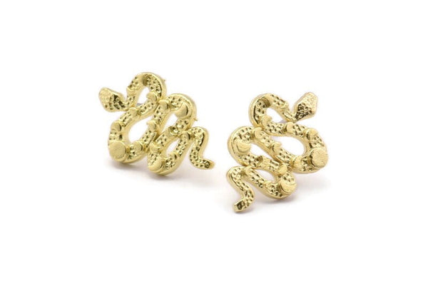 Brass Snake Earring, 4 Raw Brass Snake And Moon Phases Stud Earrings (19x12x2mm) N1611