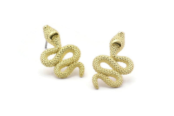 Brass Snake Earring, 4 Raw Brass Snake And Moon Stud Earrings (20x11x3mm) N1612