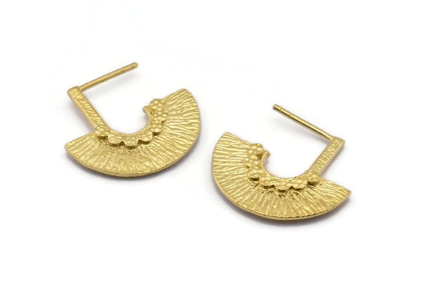 Geometric Earring Findings, 4 Raw Brass Ethnic Semi Circle Textured Earring Findings  (25x23x3mm) BS 2045