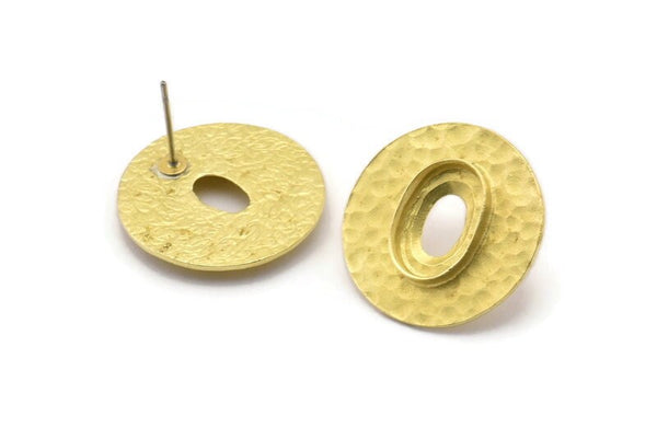 Brass Round Earring, 4 Raw Brass Hammered Round Earring Posts With 1 Oval Pad, Findings (22x2.8mm) E272