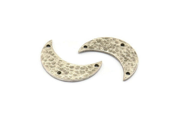 Hammered Moon Crescent Charm, 2 Antique Silver Plated Brass Hammered Moons with 3 Holes Pendant (25x9x1.2mm) N0386 H0036