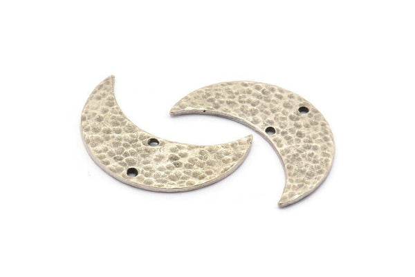 Antique Silver Hammered Crescent Charm, 2 Antique Silver Plated Brass Hammered Moons with 2 Holes (30x11x1.2mm) N0388 H0038