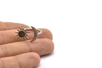 Silver Ring Settings, 2 Antique Silver Plated Brass Moon And Sun Ring With 1 Stone Setting - Pad Size 6mm R052 H0086