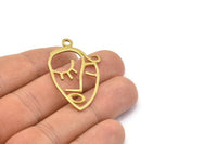 Brass Face Charm, 4 Raw Brass Face Shape Charms With 1 Loop, Pendants, Earrings, Findings (43x25x1mm) E650