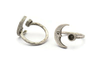 Silver Ring Settings, 2 Antique Silver Plated Brass Moon And Planet Ring With 1 Stone Setting - Pad Size 4mm N1496 H1379