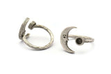 Silver Ring Settings, 2 Antique Silver Plated Brass Moon And Planet Ring With 1 Stone Setting - Pad Size 4mm N1496 H1379