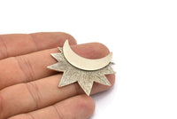 Moon and Sun, 1 Antique Silver Plated Crescent Moon and Semi Sun Ethnic Pendants with 2 Loops, Findings, Charms (36.5x41x0.9mm) U133 H0377