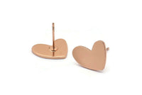 Rose Gold Heart Earring, 4 Rose Gold Plated Brass Heart Stud Earrings (14x11x1mm) M854 A2238 Q1087
